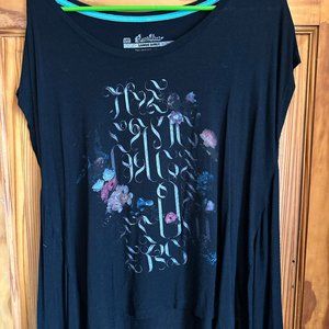 Threadless Black Floral Script Tee with Pink & Blue Accents